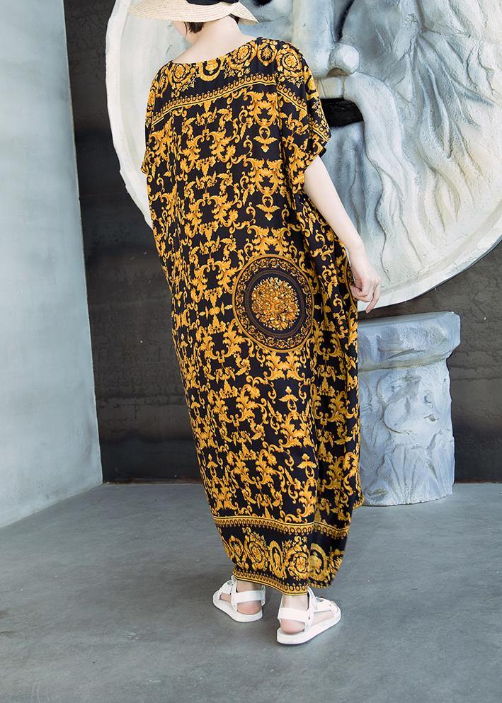 Retro Caftans Yellow Print Long Dresses - SooLinen
