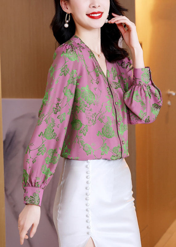 Elegantes rosa Jacquard-Seidenhemd mit V-Ausschnitt und langen Ärmeln