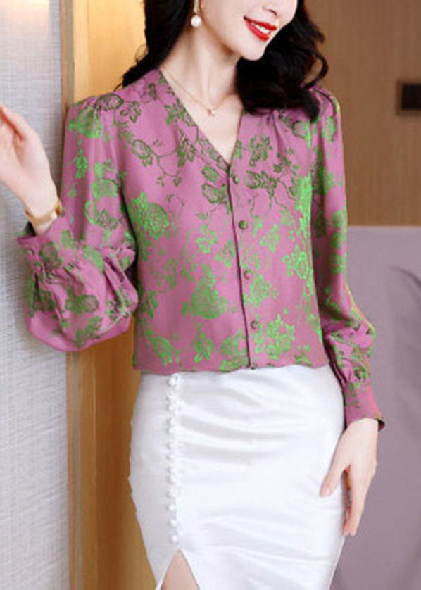 Elegantes rosa Jacquard-Seidenhemd mit V-Ausschnitt und langen Ärmeln