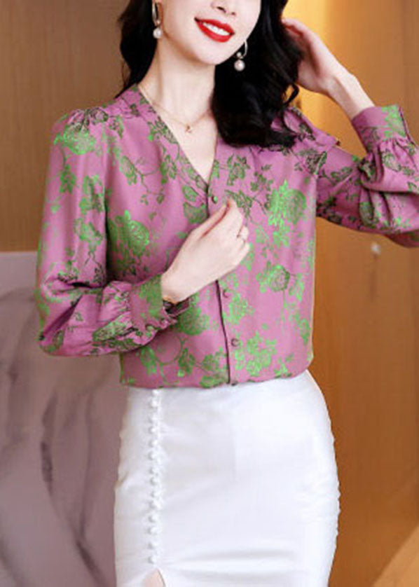 Elegantes rosa Jacquard-Seidenhemd mit V-Ausschnitt und langen Ärmeln