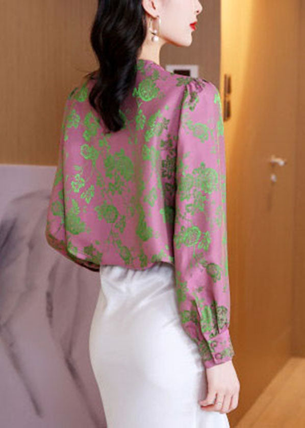Elegantes rosa Jacquard-Seidenhemd mit V-Ausschnitt und langen Ärmeln