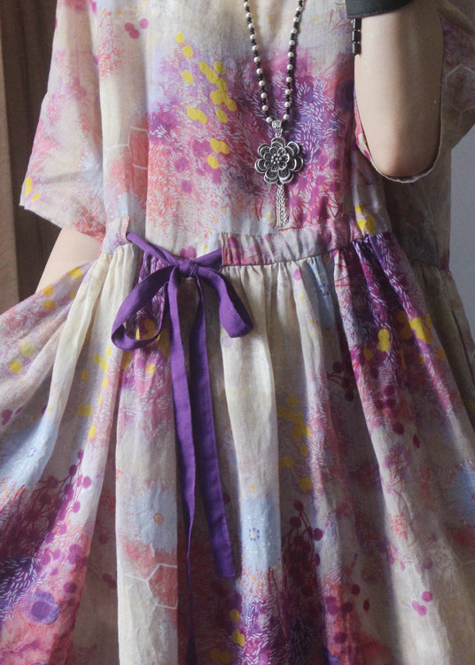 Classy Pink O-Neck Drawstring Floral Linen Mid Dress Half Sleeve