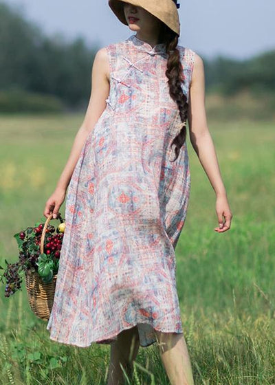 Classy Pink Print Dresses Summer Sleeveless Dresses - SooLinen