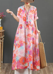 Classy Pink Print V Neck Party Summer Linen Dress - SooLinen