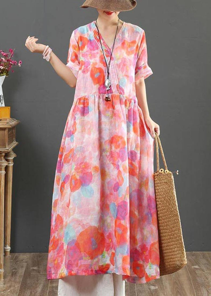 Classy Pink Print V Neck Party Summer Linen Dress - SooLinen
