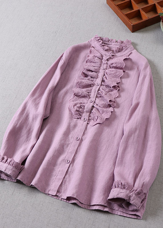 Elegantes Leinenhemd mit gekräuselten Knöpfen in Lila Frühling
