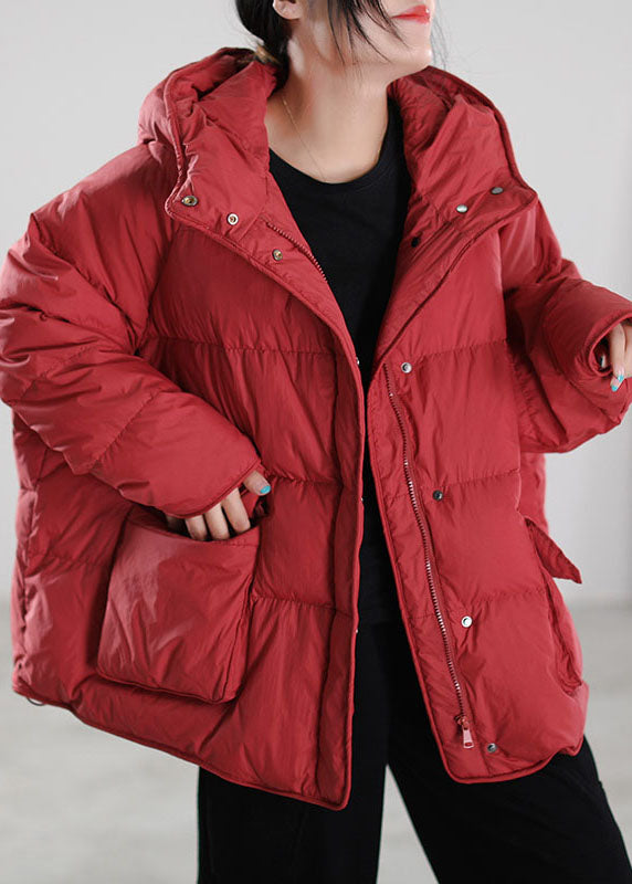Classy Red Hooded Cotton blend Puffer Coat Winter