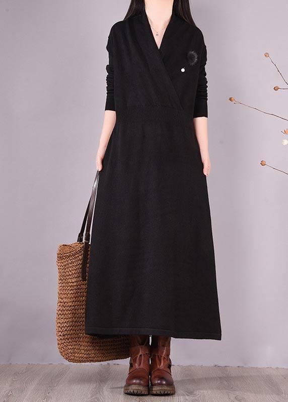 Classy V Neck Asymmetric Spring Dresses Shape Black Maxi Dresses - SooLinen