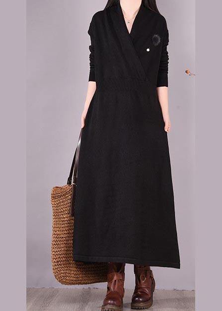 Classy V Neck Asymmetric Spring Dresses Shape Black Maxi Dresses - SooLinen