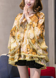 Elegante, gelb bedruckte Chiffon-Oberteile mit ausgestellten Ärmeln