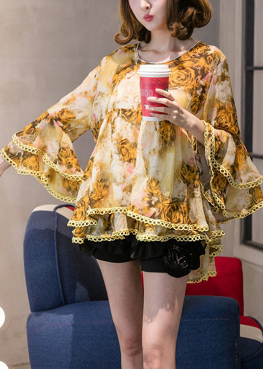 Elegante, gelb bedruckte Chiffon-Oberteile mit ausgestellten Ärmeln