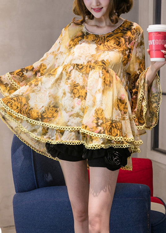 Elegante, gelb bedruckte Chiffon-Oberteile mit ausgestellten Ärmeln