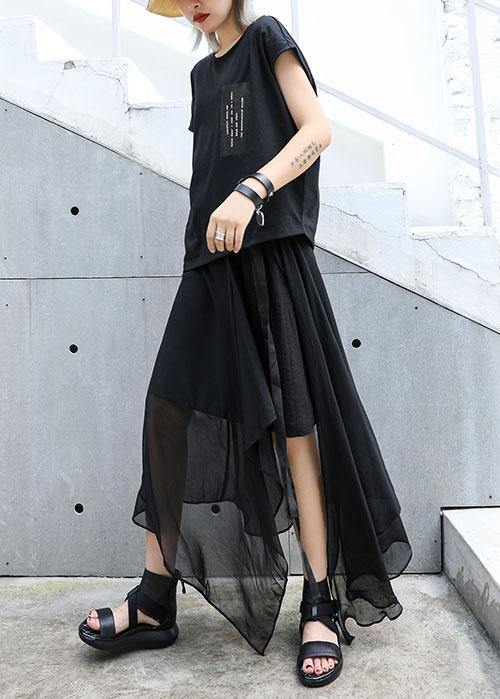 Classy black cotton clothes asymmetric short sleeve tunic summer blouses - SooLinen