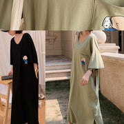 Classy black side open cotton dresses v neck Maxi summer Dresses - SooLinen
