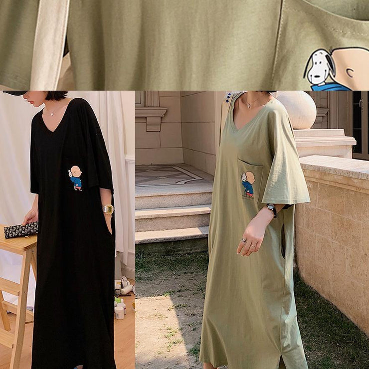 Classy black side open cotton dresses v neck Maxi summer Dresses - SooLinen