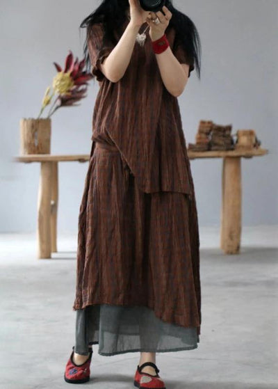 Classy cotton tunic pattern fine Retro High Low Hem Plaid V-Neck Loose Blouse - SooLinen