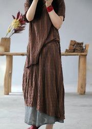 Classy cotton tunic pattern fine Retro High Low Hem Plaid V-Neck Loose Blouse - SooLinen