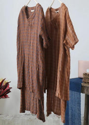 Classy cotton tunic pattern fine Retro High Low Hem Plaid V-Neck Loose Blouse - SooLinen