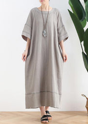 Classy gray cotton Tunic o neck patchwork loose summer Dress - SooLinen