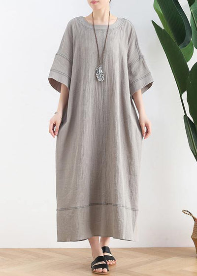 Classy gray cotton Tunic o neck patchwork loose summer Dress - SooLinen