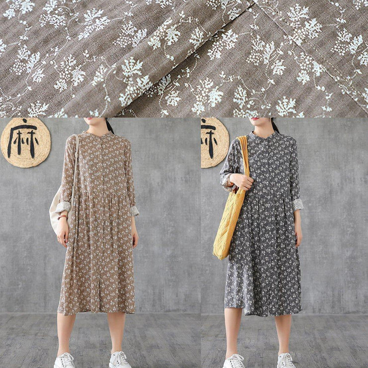 Classy gray print linen Wardrobes stand collar patchwork short Dresses - SooLinen