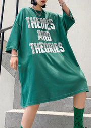 Classy green Cotton tunic dresso neck Letter Midi summer Dress - SooLinen