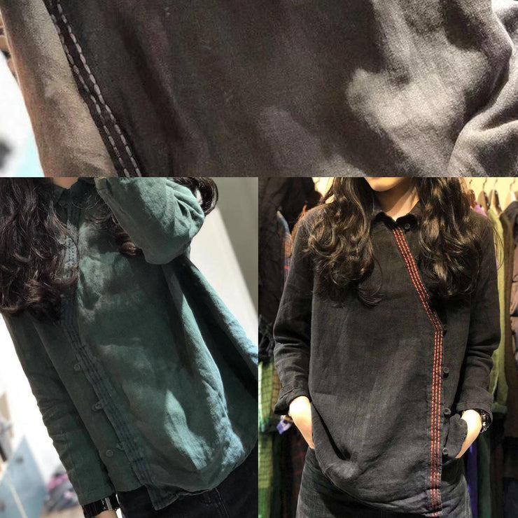 Classy green linen blouses for women POLO collar tunic shirts - SooLinen