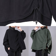 Classy high neck drawstring cotton tunic pattern Sleeve green blouse - SooLinen