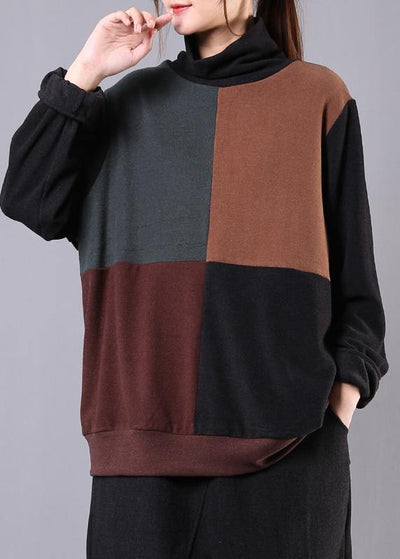 Classy high neck patchwork cotton fall Blouse pattern dark gray shirt - SooLinen
