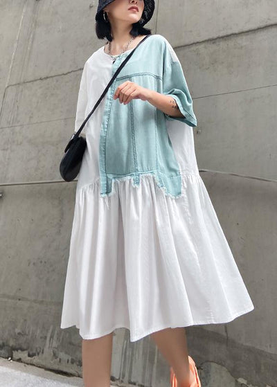 Classy high waist cotton summerWardrobes Shirts white patchwork Plus Size Dress - SooLinen