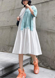 Classy high waist cotton summerWardrobes Shirts white patchwork Plus Size Dress - SooLinen