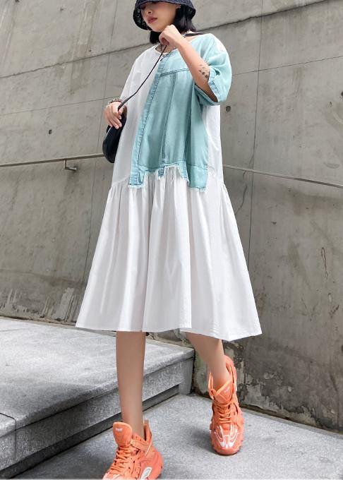 Classy high waist cotton summerWardrobes Shirts white patchwork Plus Size Dress - SooLinen
