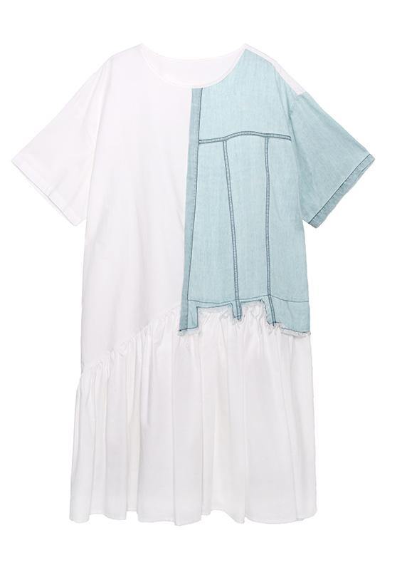 Classy high waist cotton summerWardrobes Shirts white patchwork Plus Size Dress - SooLinen