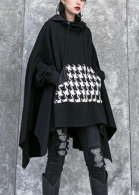 Classy hooded asymmetric cotton patchwork shirts women Cotton black top - SooLinen