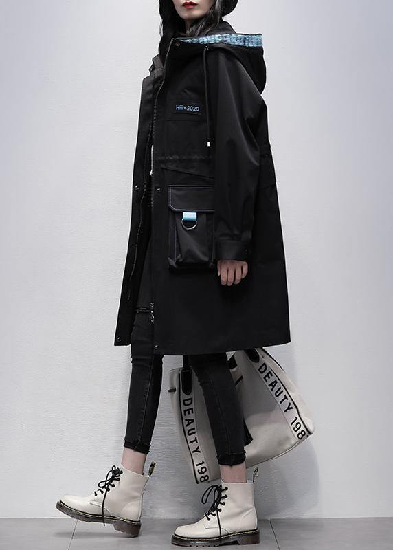Classy hooded zippered Fine outwear black Letter Midi women coats - SooLinen