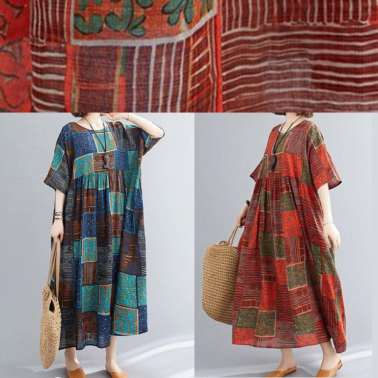 Classy o neck exra large hem cotton linen dresses Runway blue print Dress - SooLinen