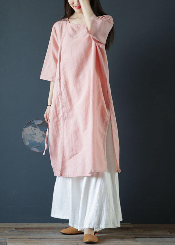 Classy o neck side open linen dress design light print Dresses - SooLinen
