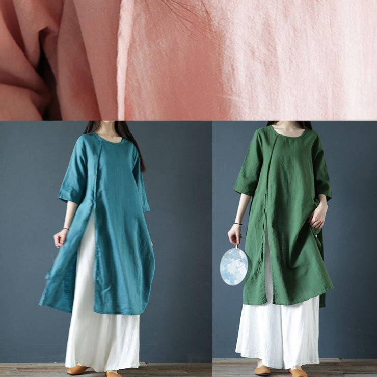 Classy o neck side open linen dress design light print Dresses - SooLinen