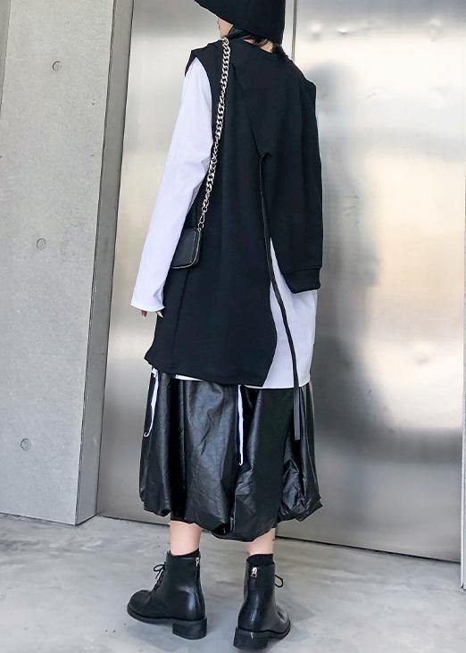 Classy o neck sleeveless asymmetric cotton tunic pattern Neckline black blouse - SooLinen