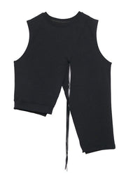 Classy o neck sleeveless asymmetric cotton tunic pattern Neckline black blouse - SooLinen