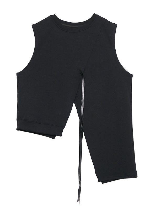 Classy o neck sleeveless asymmetric cotton tunic pattern Neckline black blouse - SooLinen