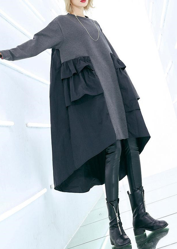 Elegante Patchwork-Baumwollschränke plus Größe Ärmel graues Baggy-Kleid
