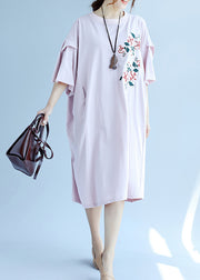 Classy pink linen dress Fashion Shirts o neck embroidery Robe Summer Dresses