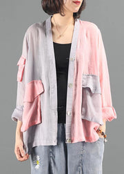 Classy pink patchwork clothes Sewing v neck pockets blouses - SooLinen