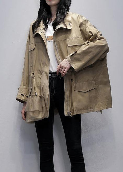 Classy stand collar Fashion outwear khaki patchwork tulle loose coats - SooLinen