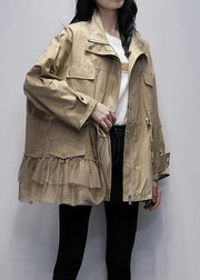 Classy stand collar Fashion outwear khaki patchwork tulle loose coats - SooLinen
