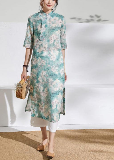 Classy stand collar half sleeve linen summer dresses Outfits green print Dress - SooLinen