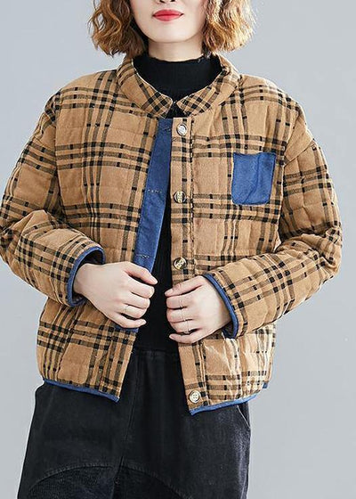 Classy stand collar patchwork clothes For Women Runway khaki plaid tops - SooLinen