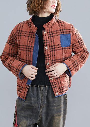 Classy stand collar patchwork clothes For Women Runway khaki plaid tops - SooLinen