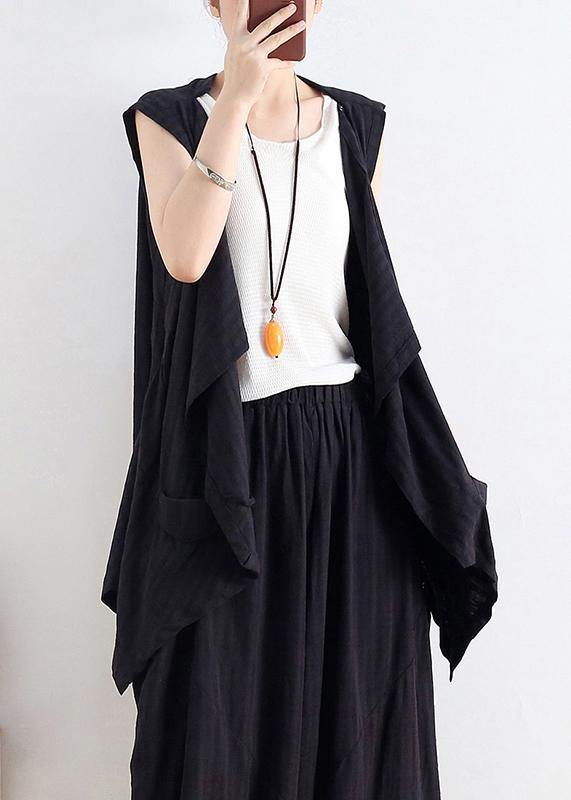 Classy v neck asymmetric linen summer top Neckline black blouse - SooLinen
